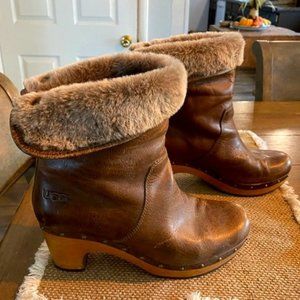 UGG Womens 100179 Lynnea Brown Leather & Shearling Lined Boots Booties Size 9